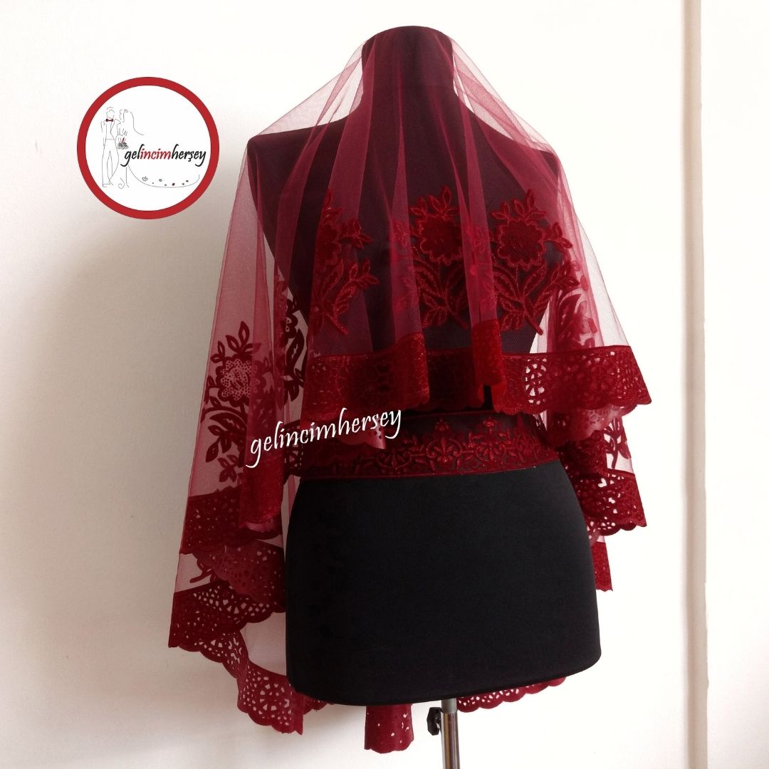 GelincimherşeyÇiçekliFlokGelinDuvağıBordo