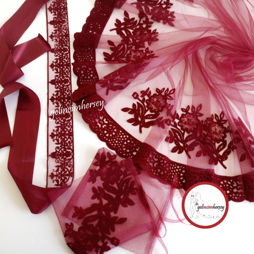 GelincimherşeyÇiçekliFlokGelinDuvağıBordo1