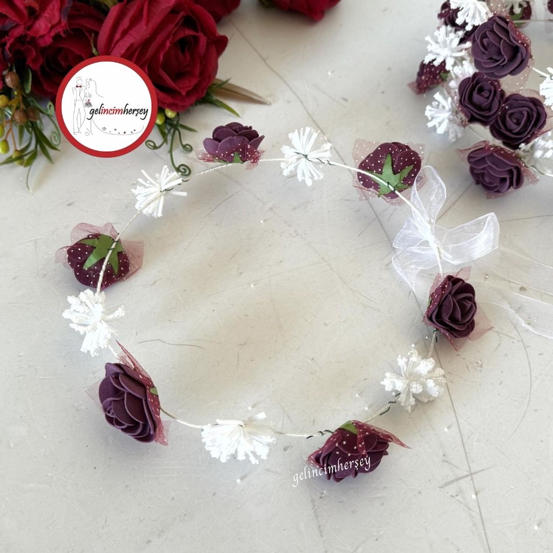 Gelincimherşey5’liPıtırcıklıveÇiçekliBordoKınaGecesiİçinNedimeTacı2