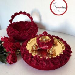 Gelincimherşey Lazer Çiçek Süslemeli Metal Tepsili Kına Sepeti ve Kına Tepsisi - BORDO