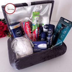 Gelincimherşey Damatlık Süslü Kadife Kaplı Damat Sandığı ve Kozmetik Tıraş Takımı - GRİ