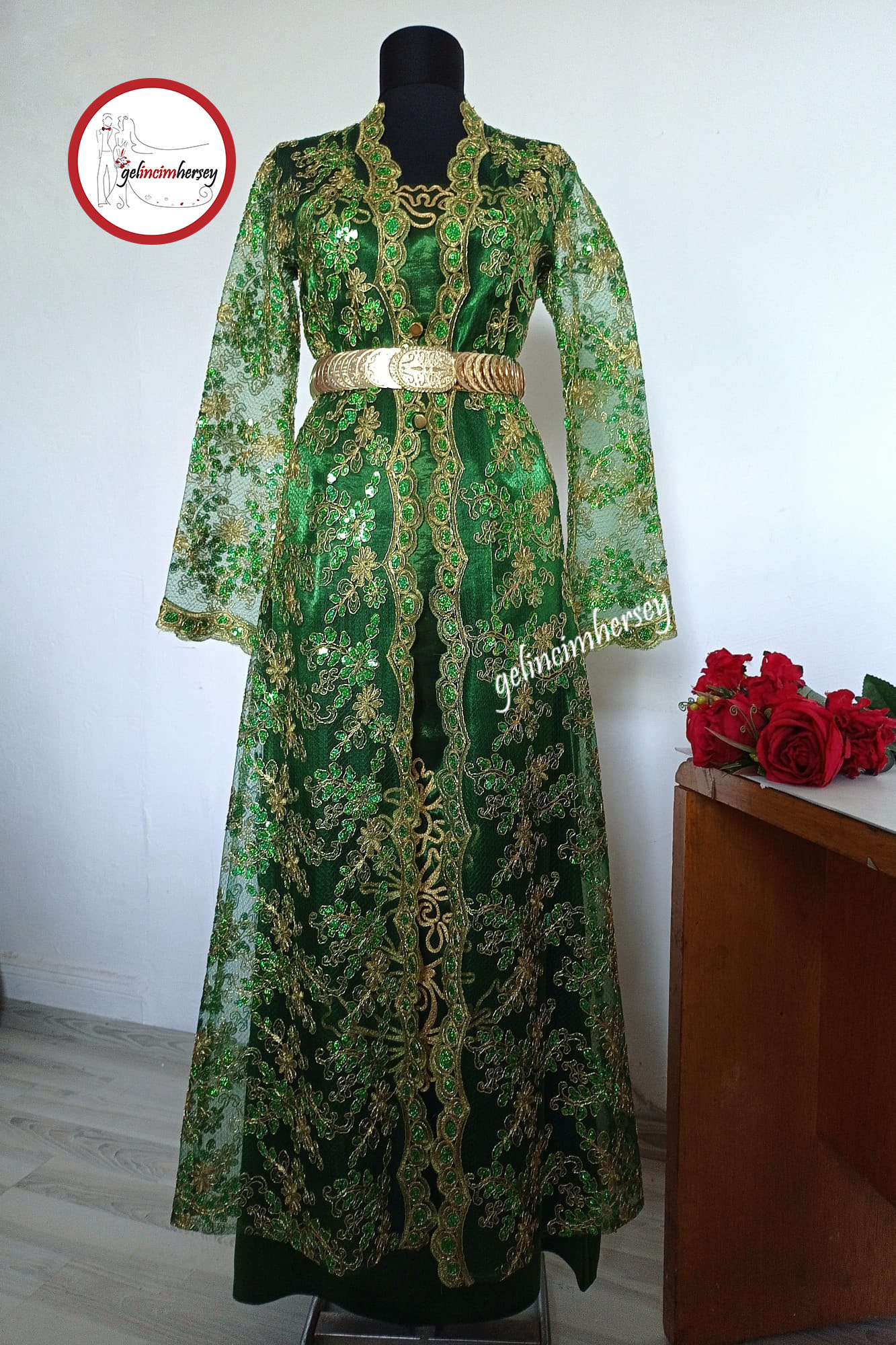 gelincimherşey yeşil tel kırma bindallı kemerli Gelincimherşey Yeşil Tel Kırma Model Kemerli Elbiseli Kaftan Bindallı