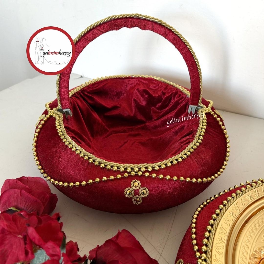 GelincimherşeyOsmanlıModelGoldMetalTepsiliKadifeBoncukluKınaSepetiveKınaTepsisiBordo1