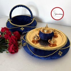 Gelincimherşey Osmanlı Model Gold Metal Tepsili Kadife Boncuklu Kına Sepeti ve Kına Tepsisi - LACİVERT