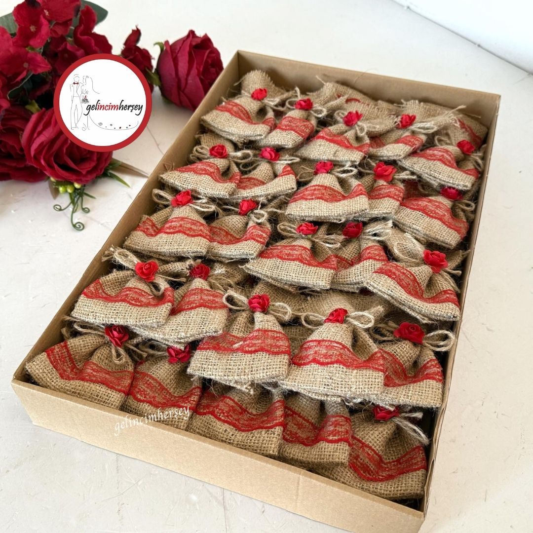 Gelincimherşey50liÇiçekDantelSüslemeliHasırKeseHediyelikKınaKırmızı