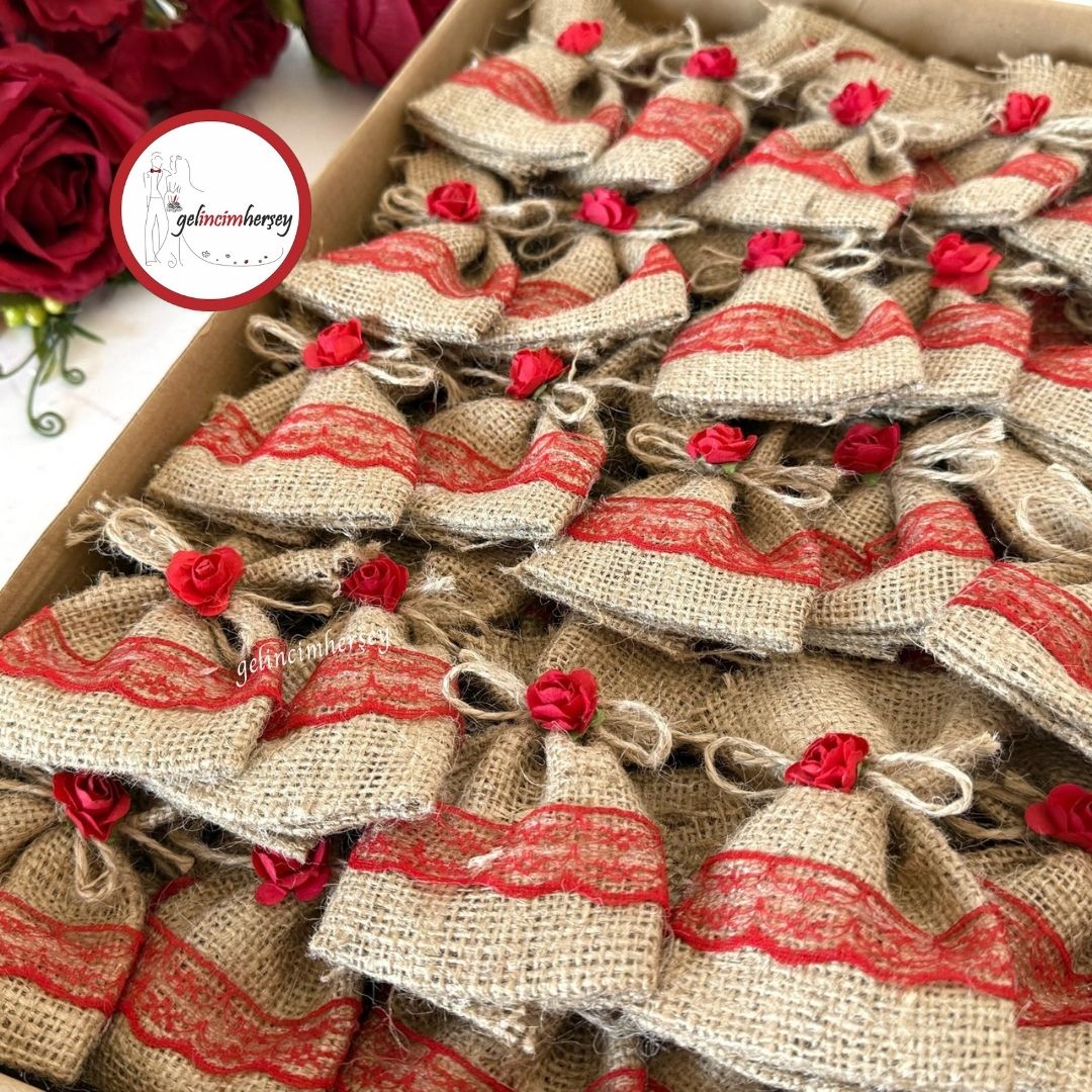 Gelincimherşey50liÇiçekDantelSüslemeliHasırKeseHediyelikKınaKırmızı1