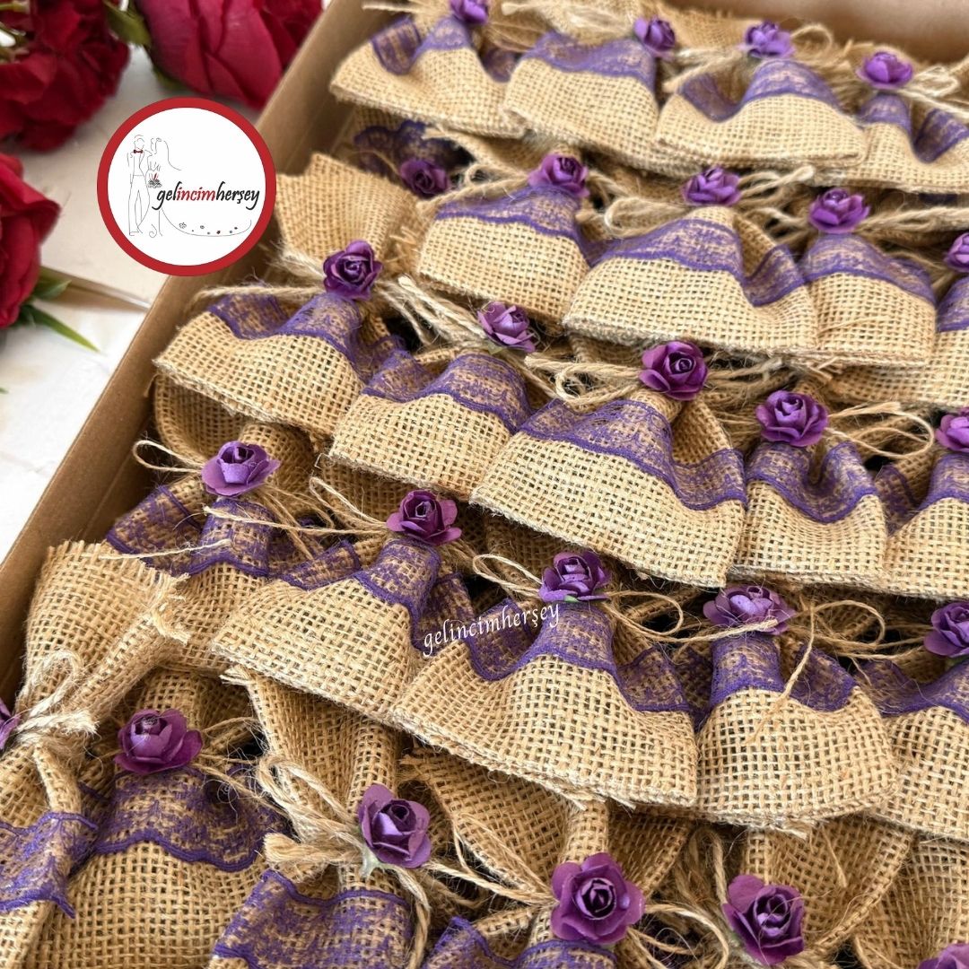 Gelincimherşey50liÇiçekDantelSüslemeliHasırKeseHediyelikKınaMor