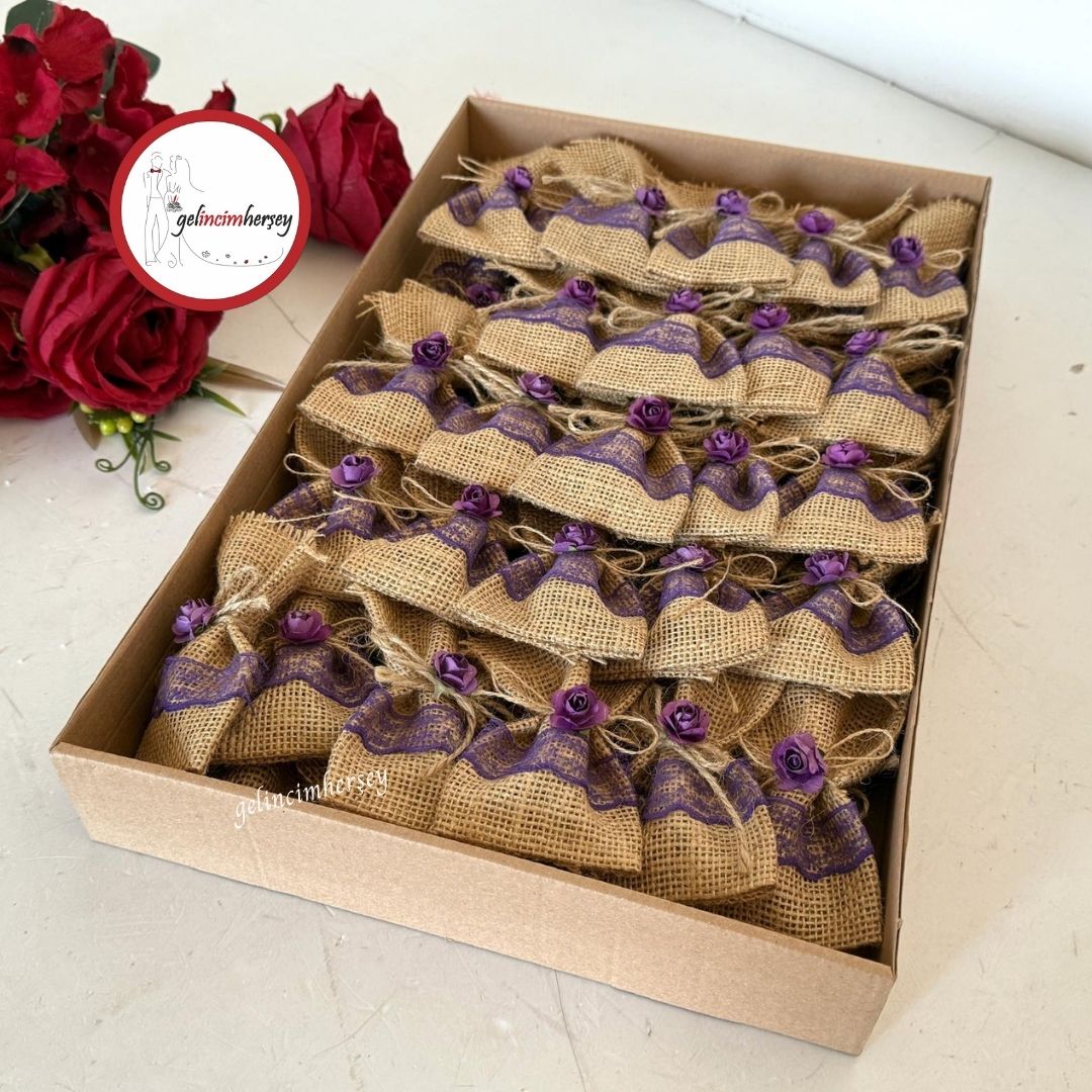 Gelincimherşey50liÇiçekDantelSüslemeliHasırKeseHediyelikKınaMor1