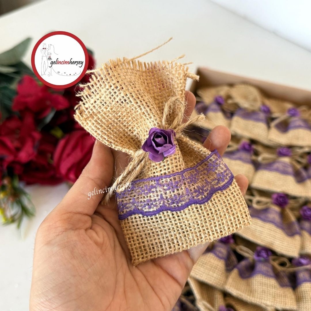 Gelincimherşey50liÇiçekDantelSüslemeliHasırKeseHediyelikKınaMor2