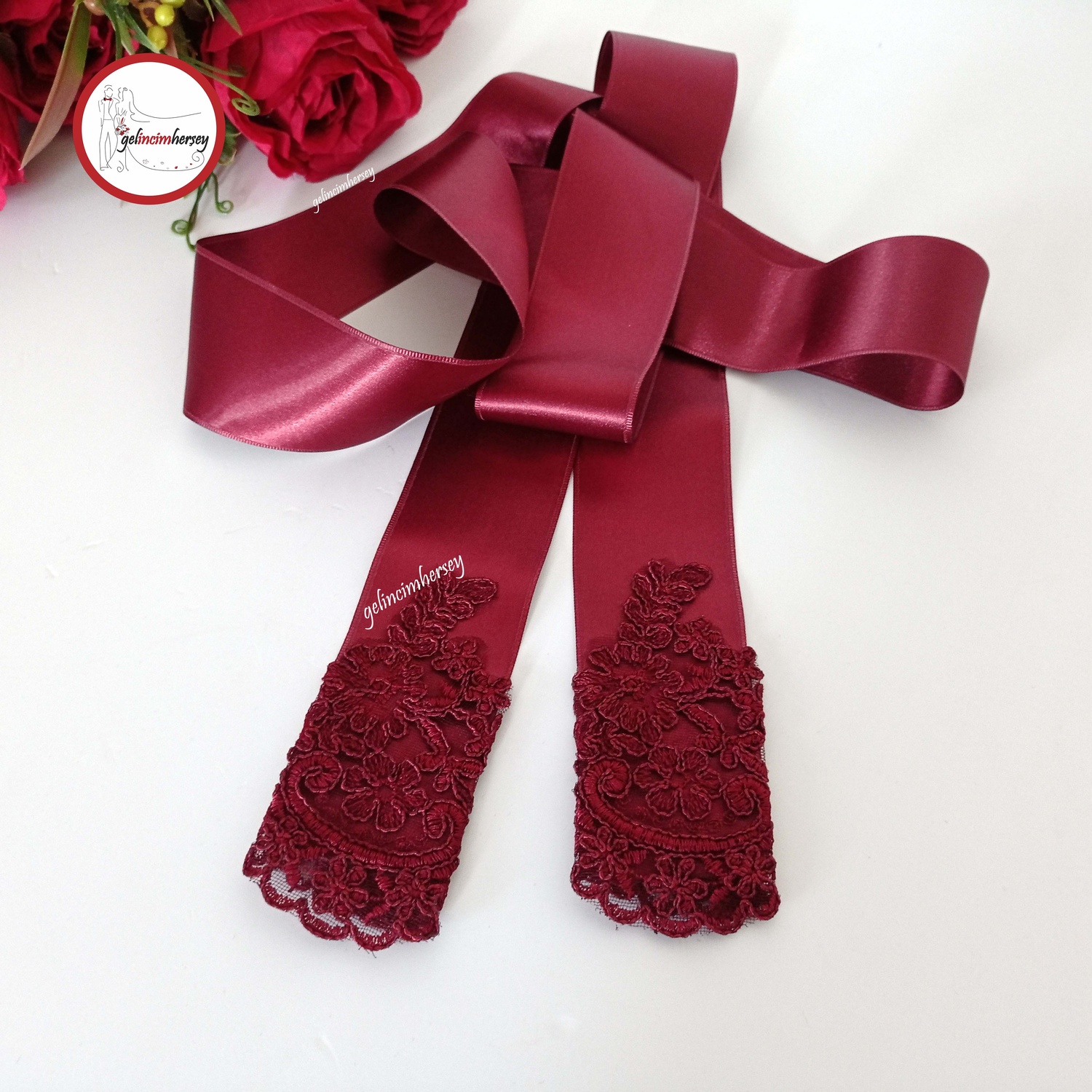 GelincimherşeyFransızDantelUçluGelinKuşağıBordo