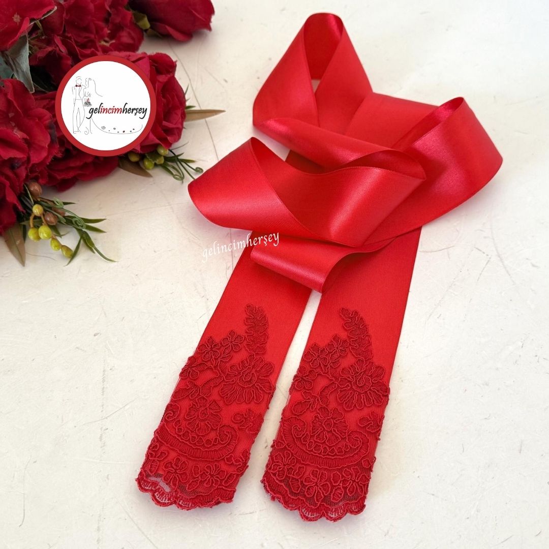 GelincimherşeyFransızDantelUçluGelinKuşağıKırmızı