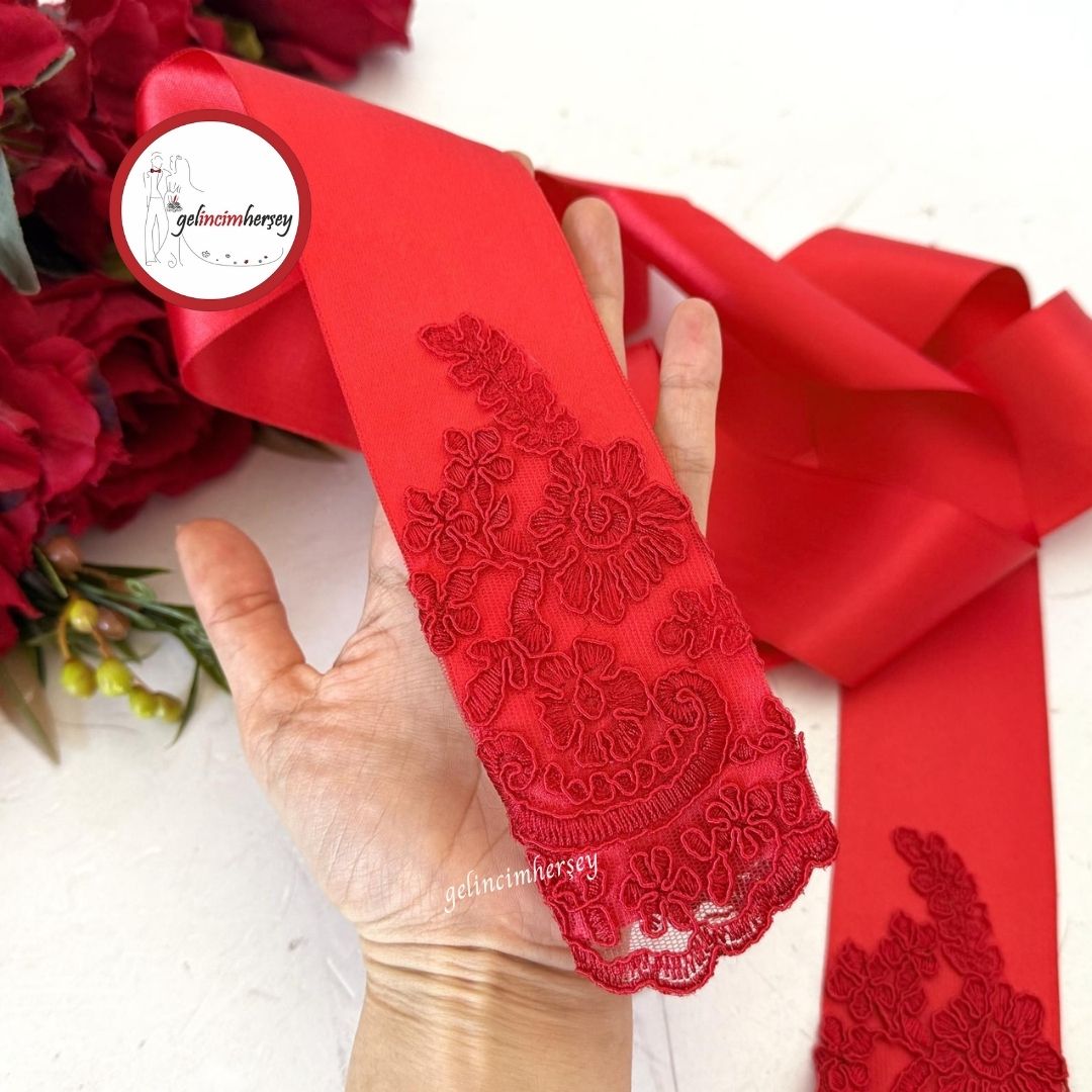 GelincimherşeyFransızDantelUçluGelinKuşağıKırmızı2