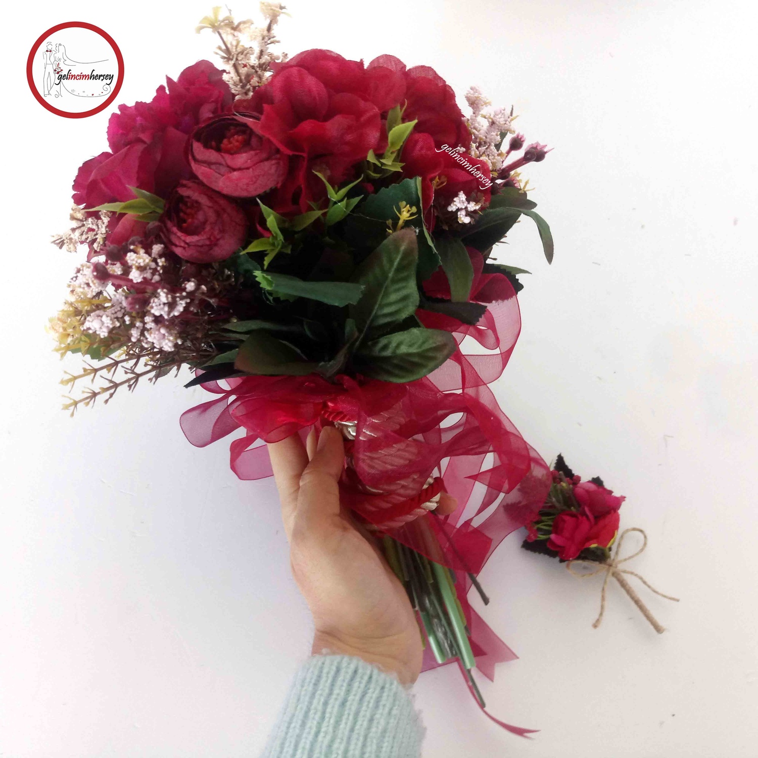 GelincimherşeyGelinBuketiveDamatYakaÇiçeğiBordo