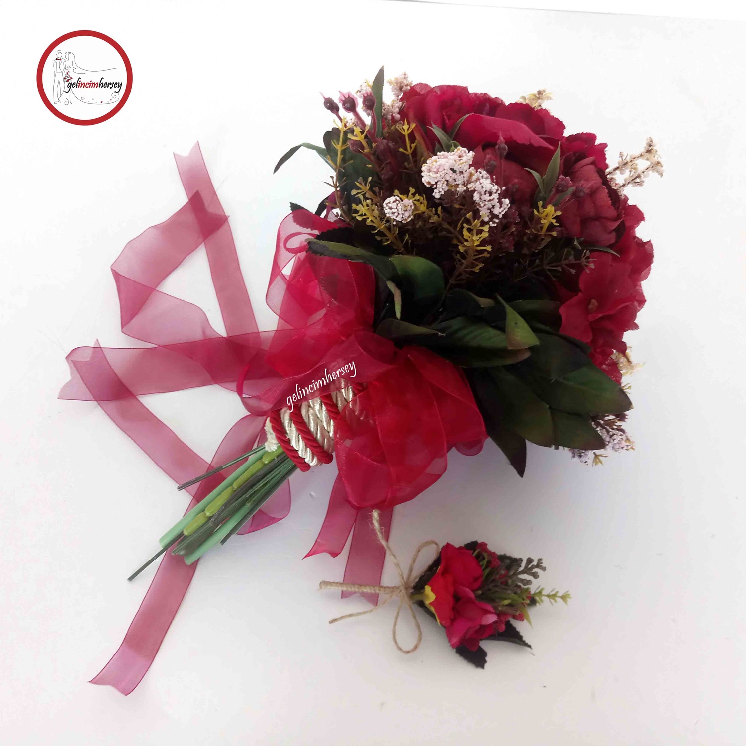 GelincimherşeyGelinBuketiveDamatYakaÇiçeğiBordo1