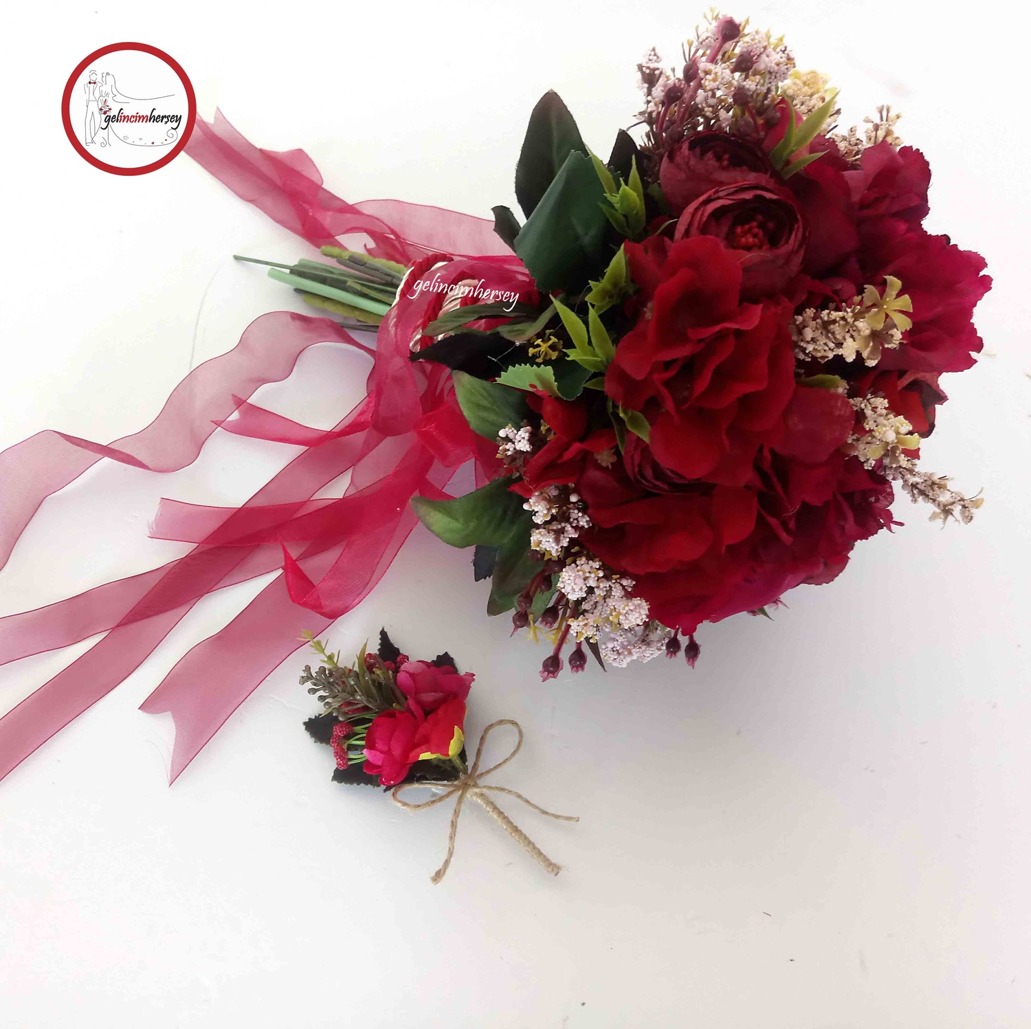 GelincimherşeyGelinBuketiveDamatYakaÇiçeğiBordo2
