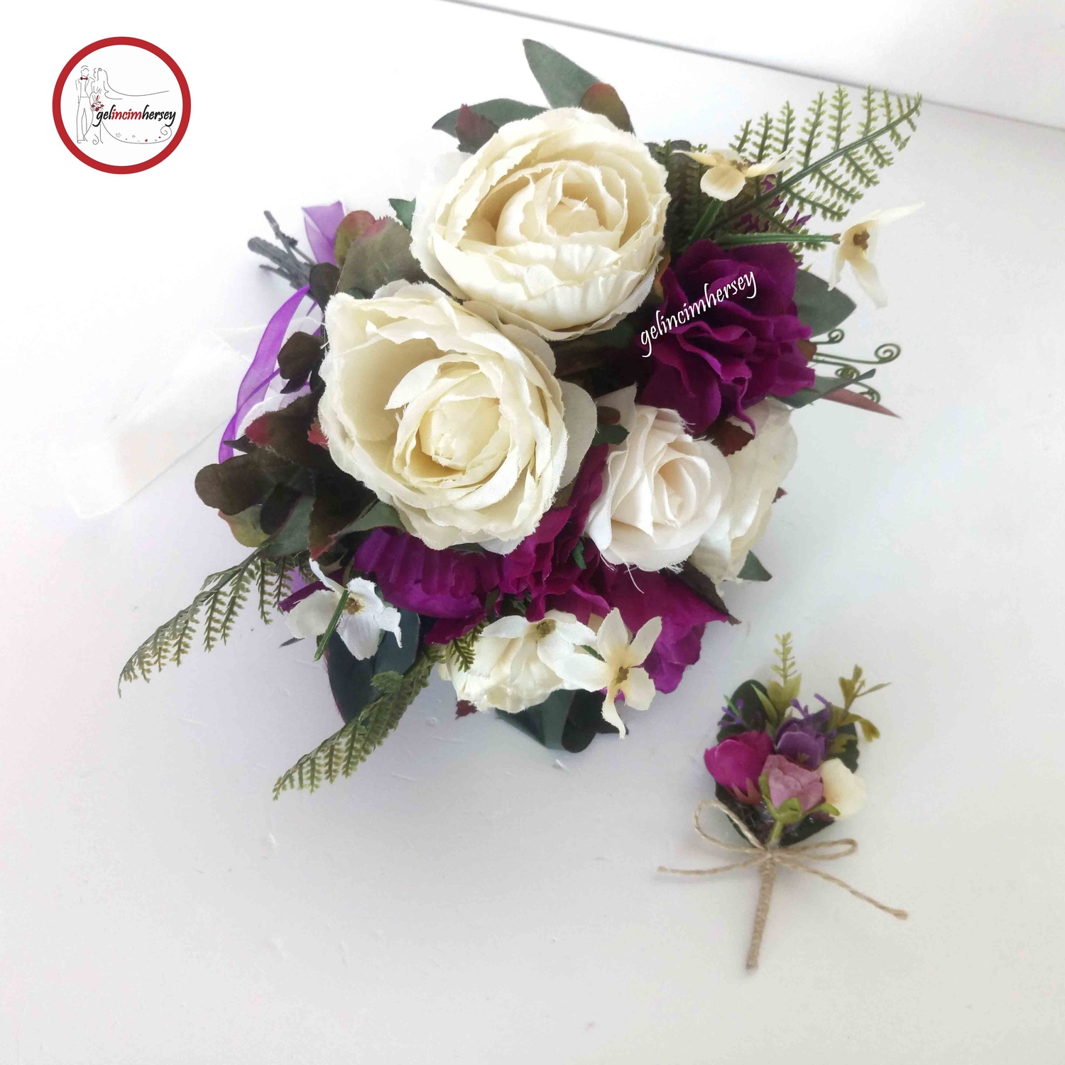 GelincimherşeyGelinBuketiveDamatYakaÇiçeğiMorKrem