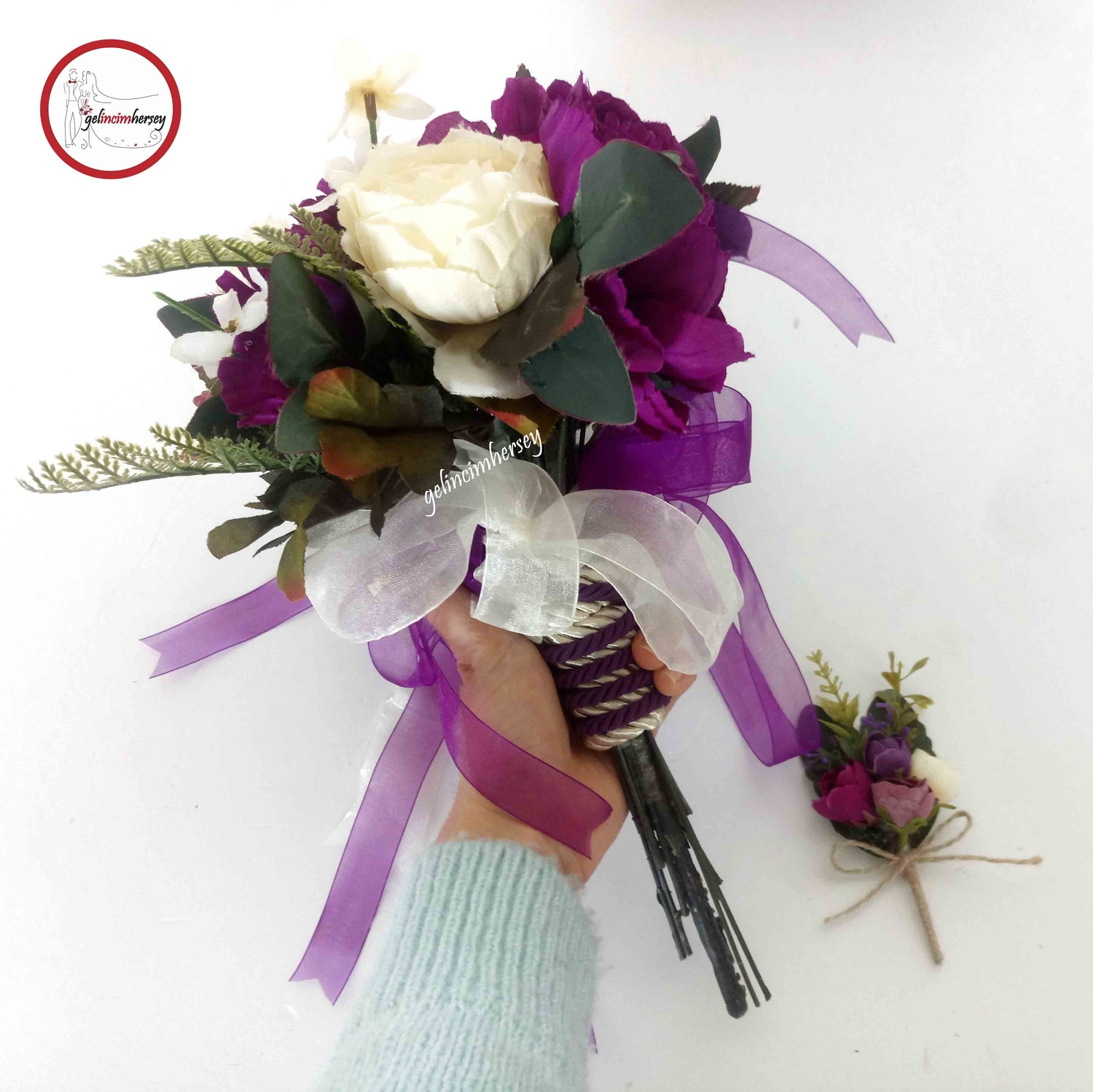 GelincimherşeyGelinBuketiveDamatYakaÇiçeğiMorKrem1