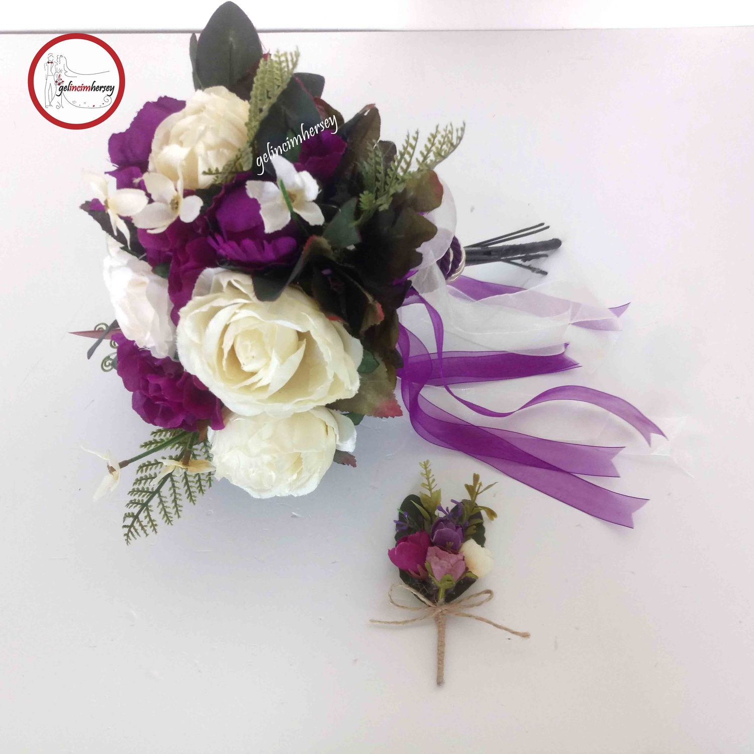 GelincimherşeyGelinBuketiveDamatYakaÇiçeğiMorKrem2