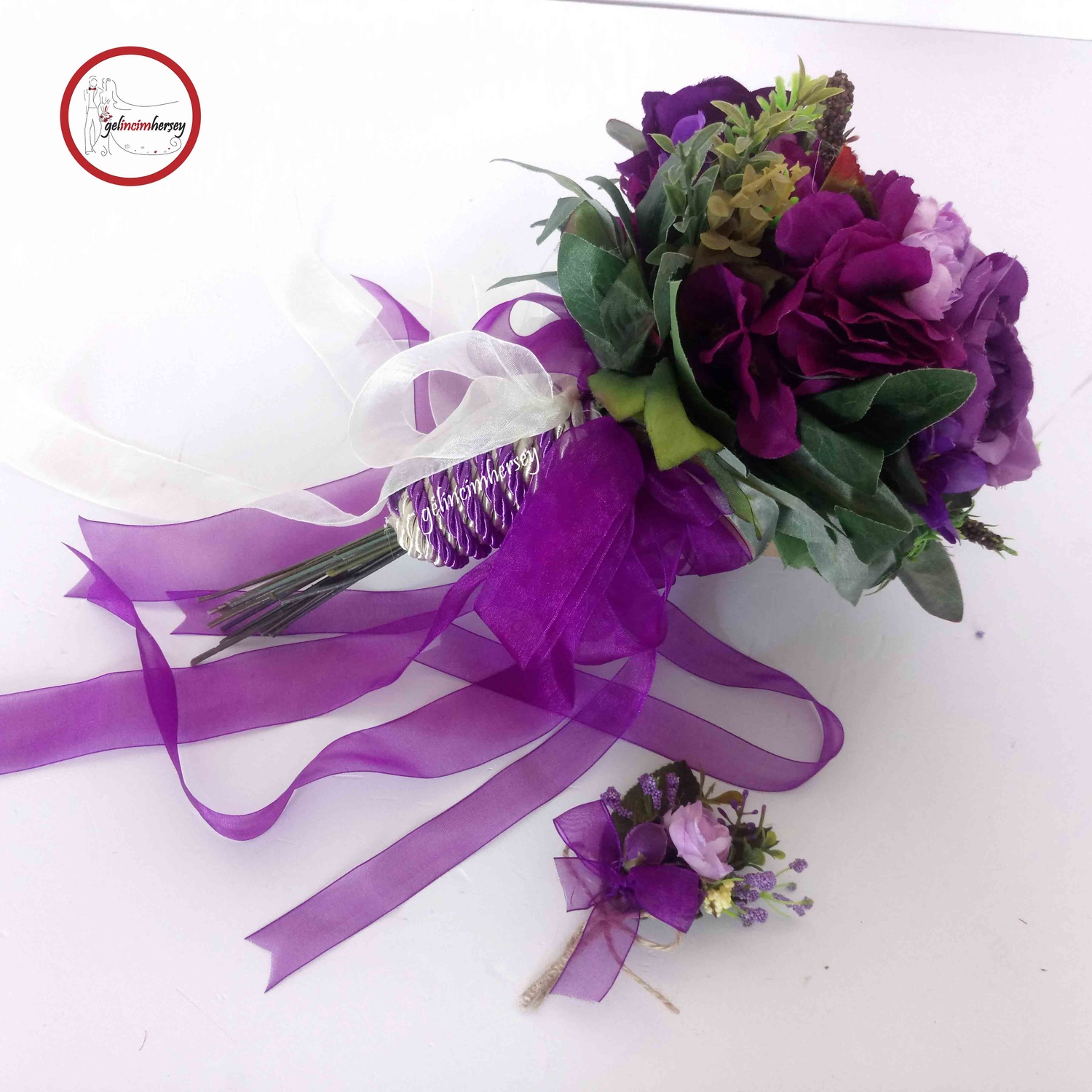 GelincimherşeyGelinBuketiveDamatYakaÇiçeğiMorMürdüm1