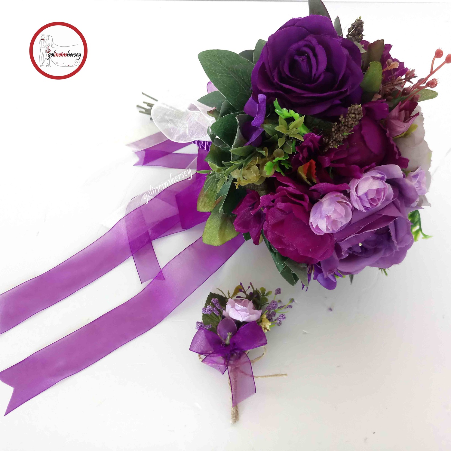 GelincimherşeyGelinBuketiveDamatYakaÇiçeğiMorMürdüm2
