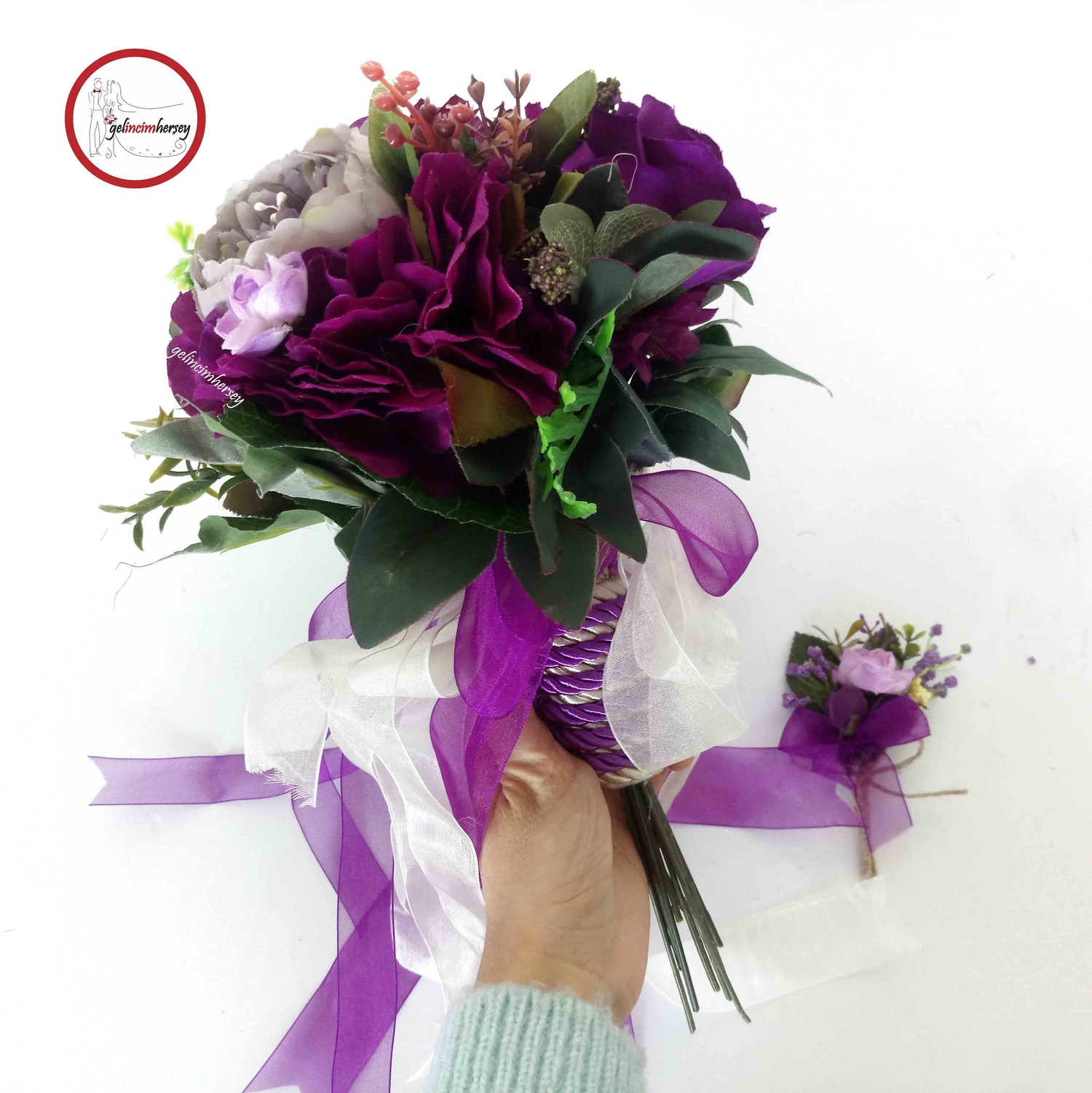 GelincimherşeyGelinBuketiveDamatYakaÇiçeğiMorMürdüm3