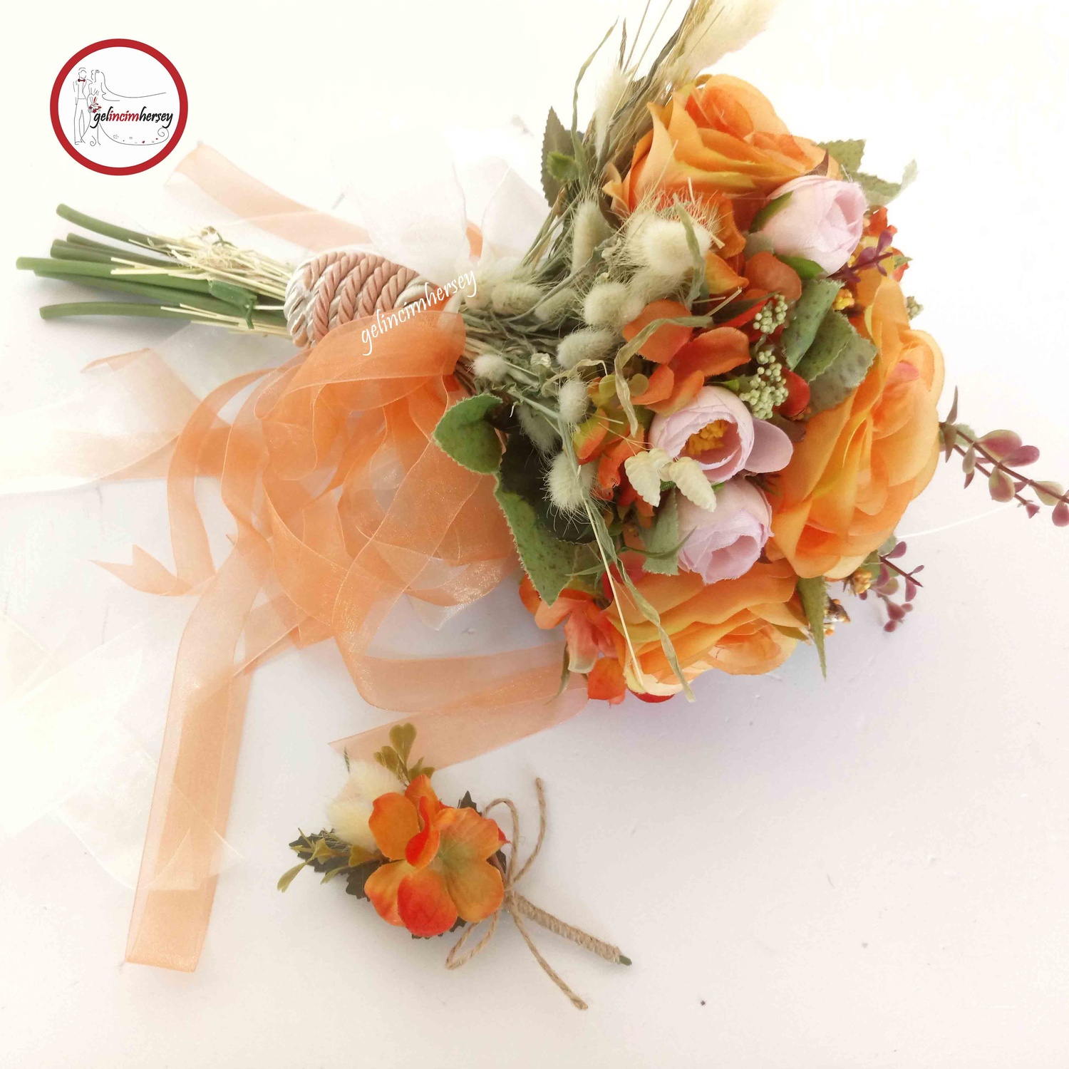 GelincimherşeyGelinBuketiveDamatYakaÇiçeğiTuruncu