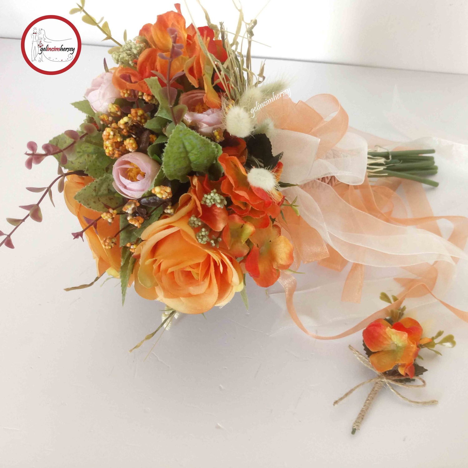 GelincimherşeyGelinBuketiveDamatYakaÇiçeğiTuruncu2
