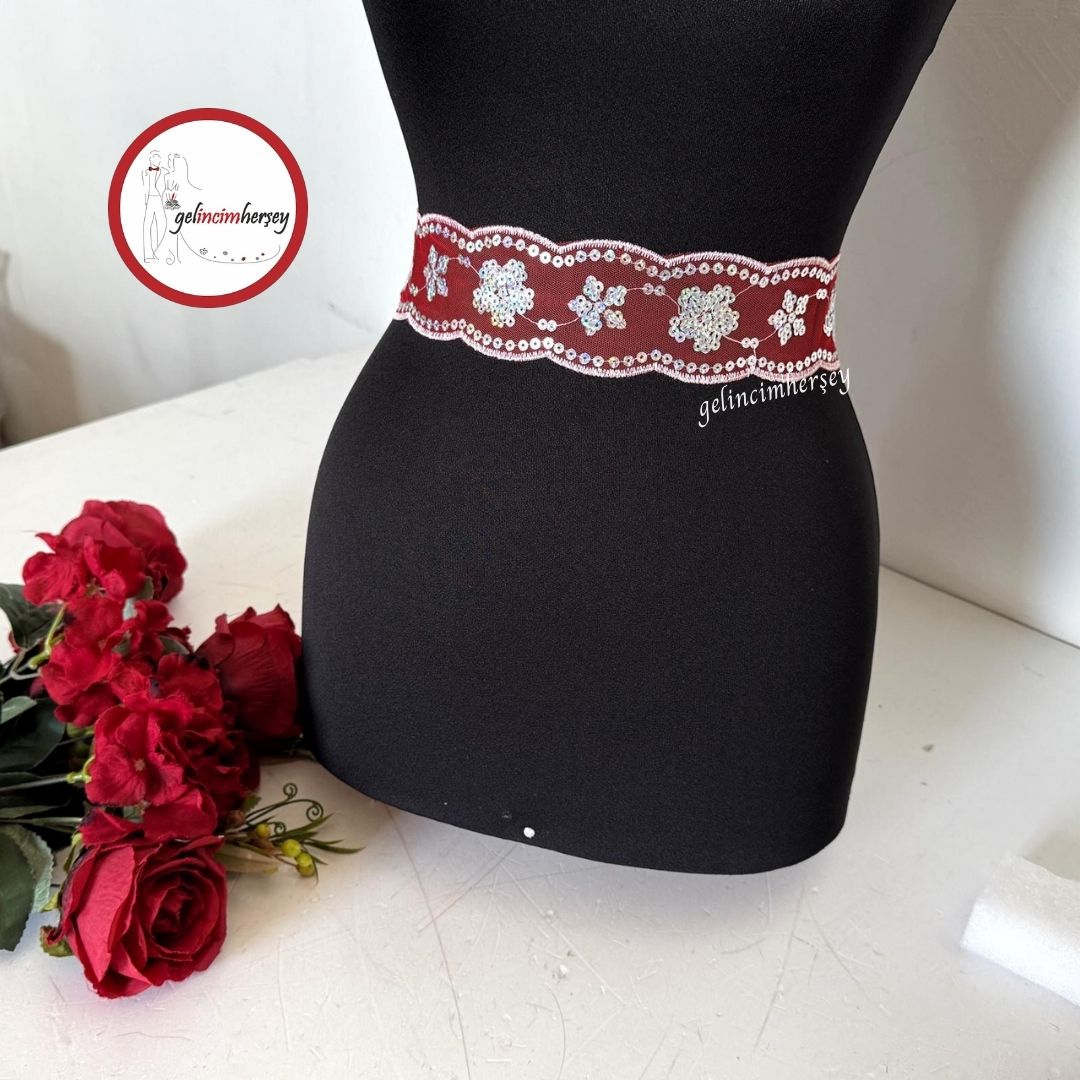 GelincimherşeyGümüşPulPayetİşlemeUçlarıSatenKurdeleGelinKuşağıÇiçekli