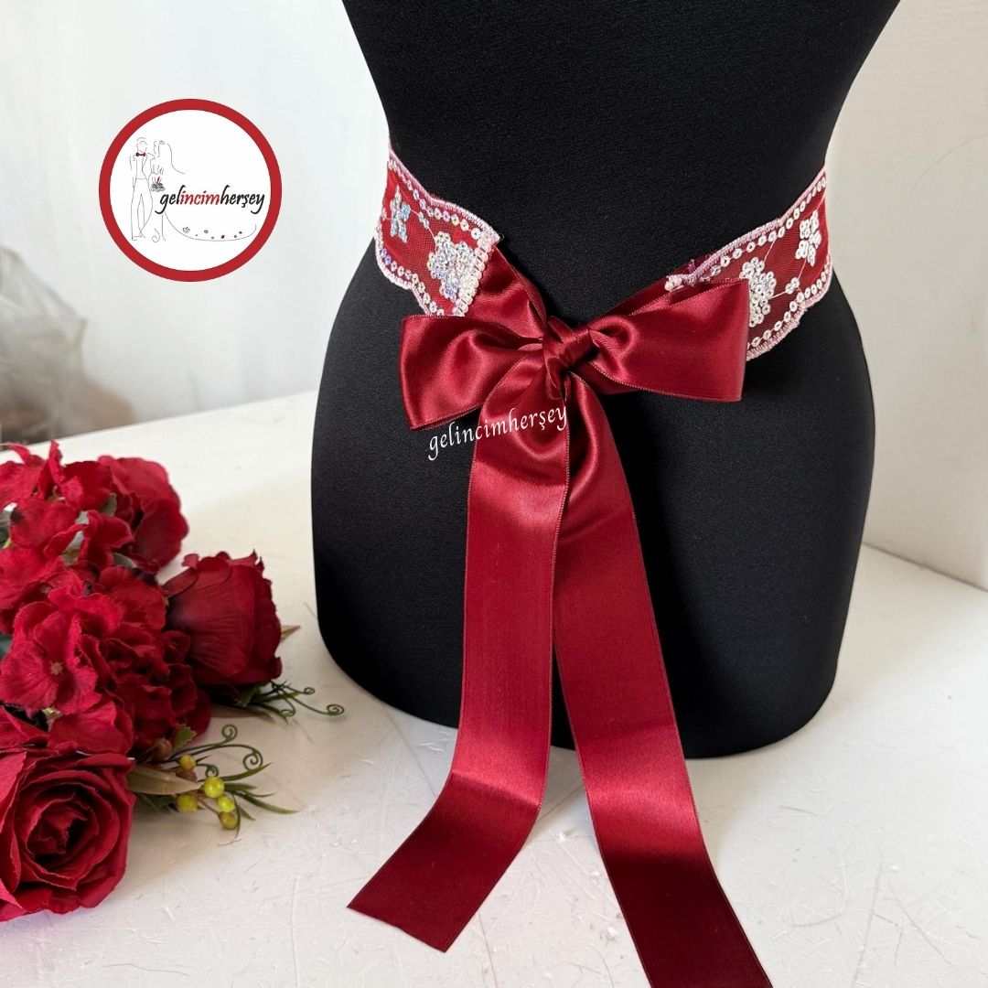 GelincimherşeyGümüşPulPayetİşlemeUçlarıSatenKurdeleGelinKuşağıÇiçekli1