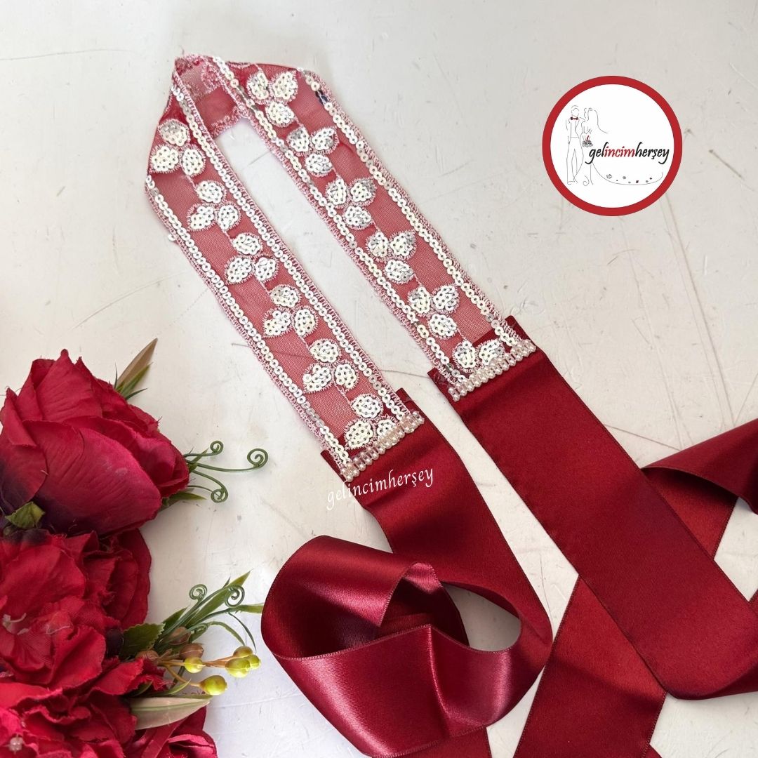 GelincimherşeyGümüşPulPayetİşlemeUçlarıSatenKurdeleGelinKuşağıYapraklı