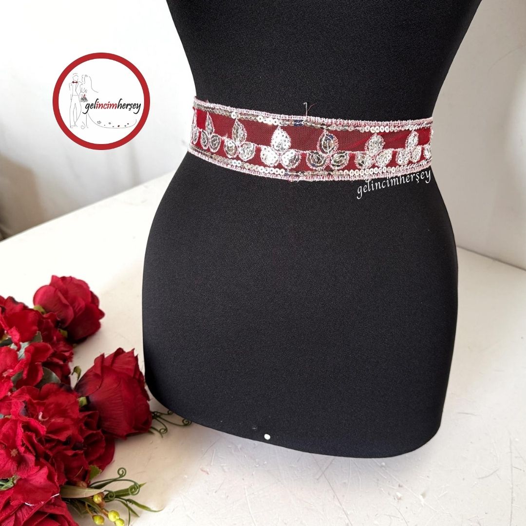 GelincimherşeyGümüşPulPayetİşlemeUçlarıSatenKurdeleGelinKuşağıYapraklı1