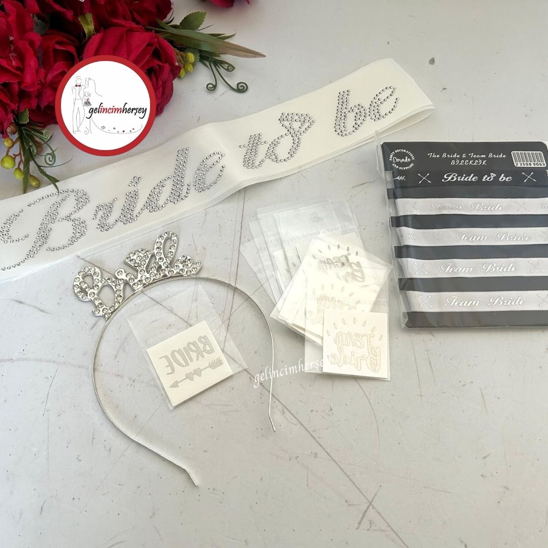 GelincimherşeyBrideToBeTaşlıKuşakTaçBileklikveStickerSetGümüş3