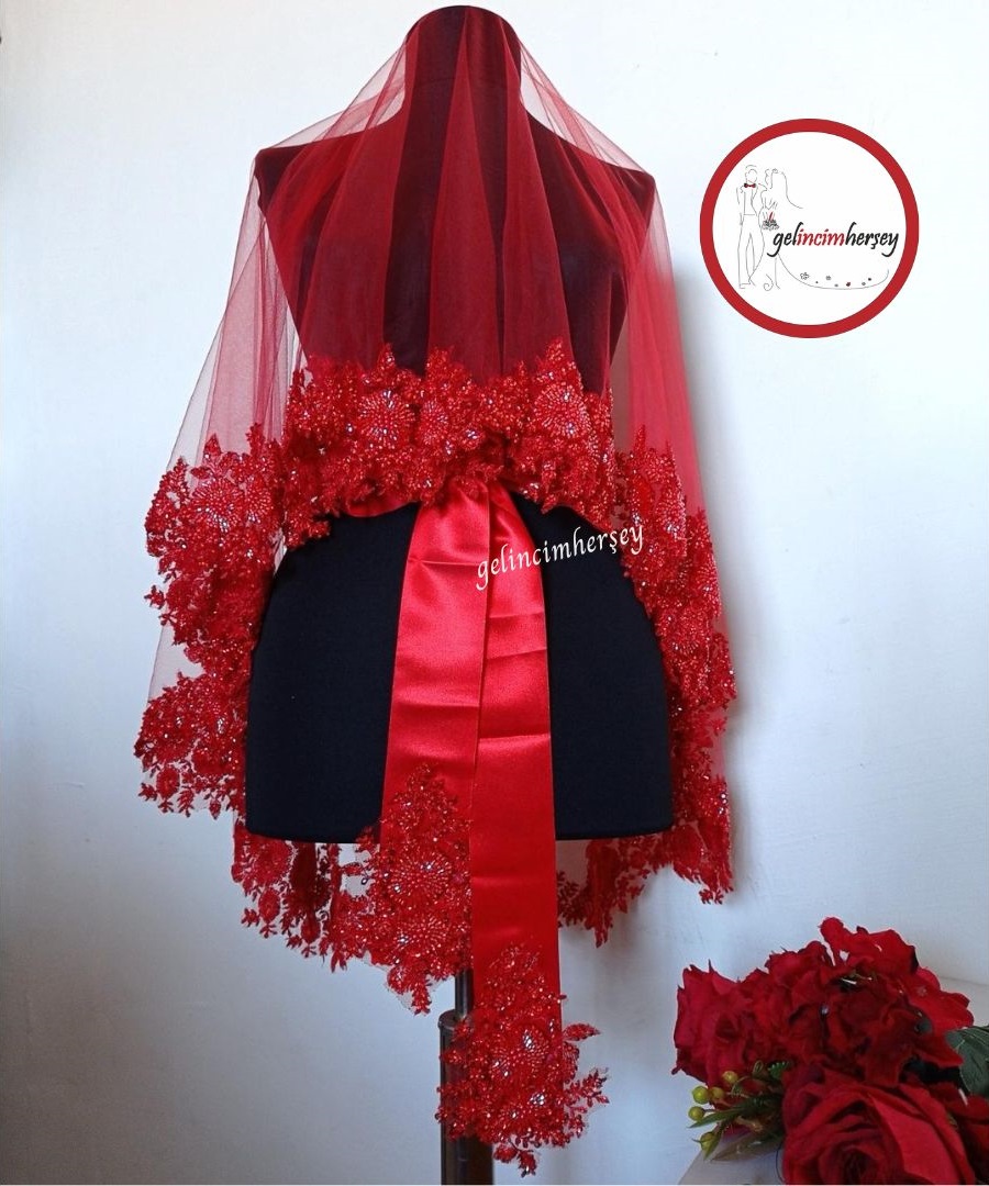 GelincimherşeyHürremVip1BoncukluDantelliGelinDuvakSetiKırmızı