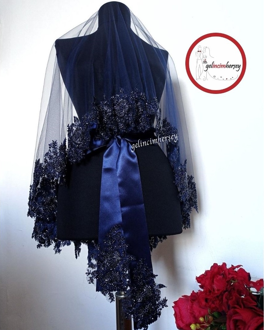 GelincimherşeyHürremVip1BoncukluDantelliGelinDuvakSetiLacivert