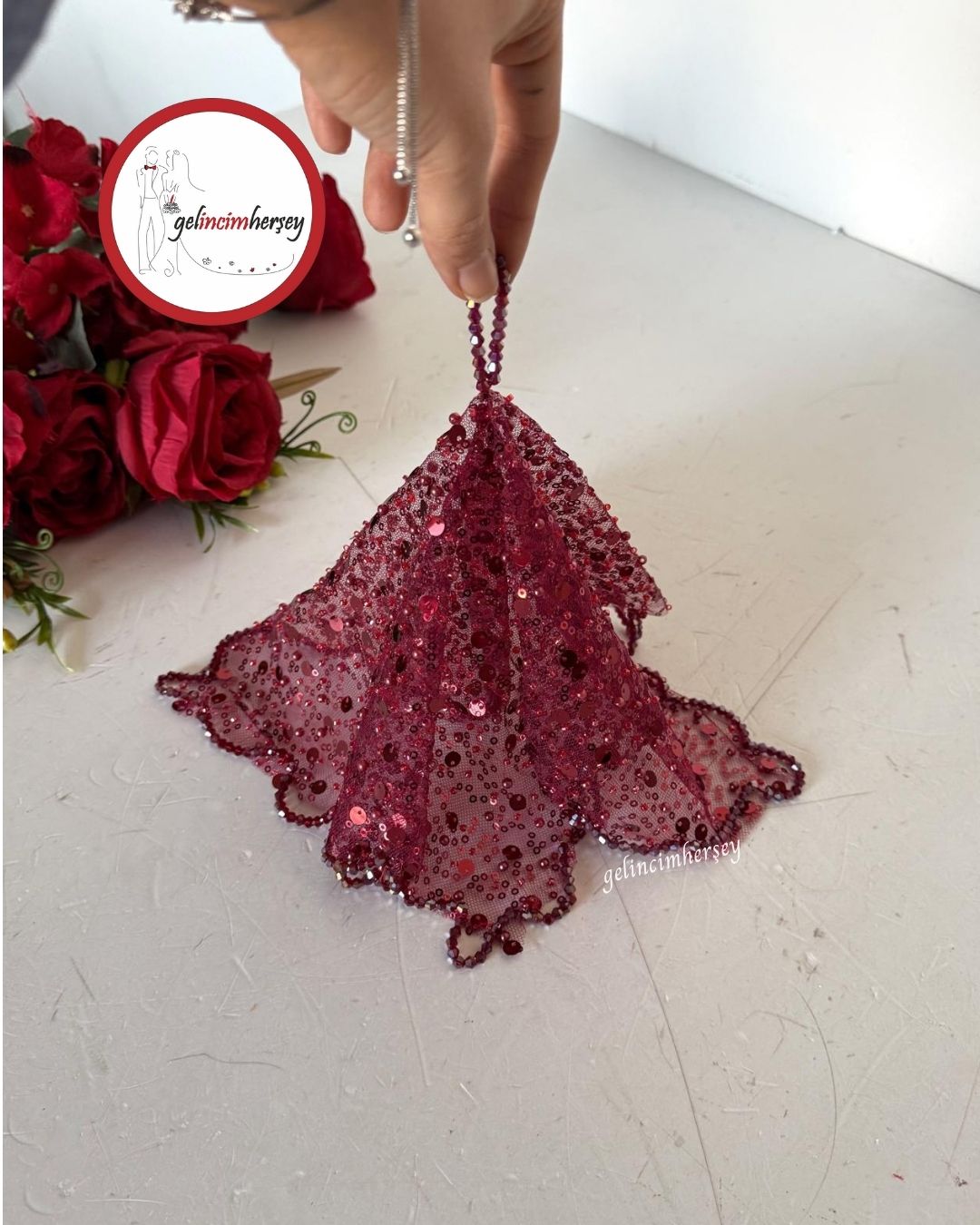 GelincimherşeyKristalBoncukİşlemeliGelinHalayMendiliBordo