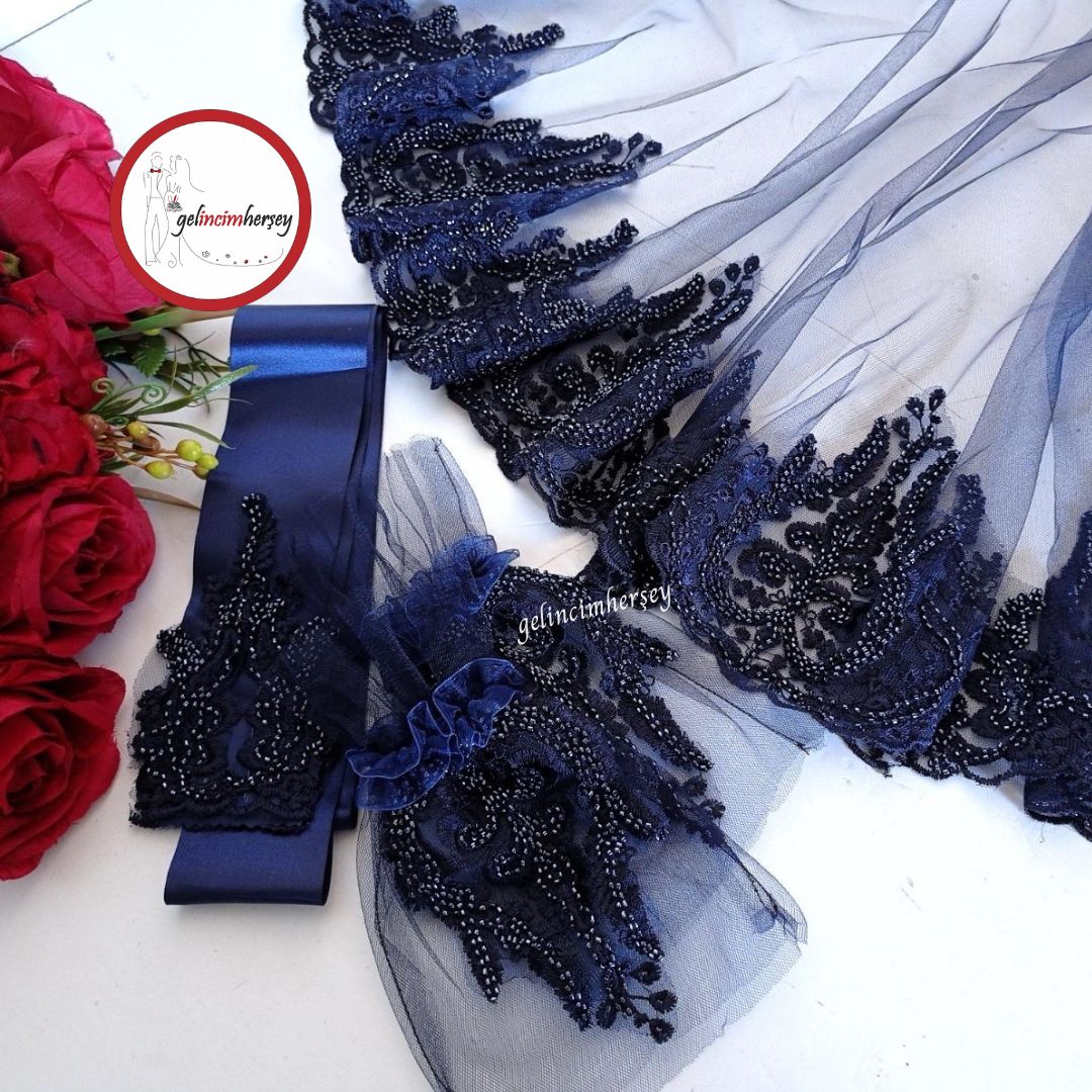 GelincimherşeySultanBoncukluGenişDantelliGelinDuvakSetiLacivert1