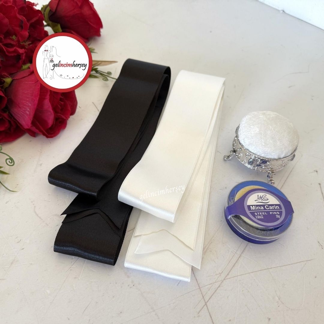 GelincimherşeyGelinDamatTakıMerasimiiçinSadeTakıKurdelesiİğneveİğneliksetSiyah-Krem