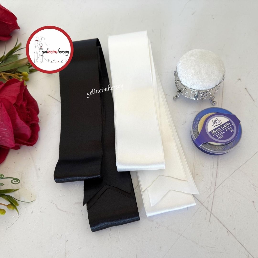 GelincimherşeyGelinDamatTakıMerasimiiçinSadeTakıKurdelesiİğneveİğneliksetSiyah-Krem1