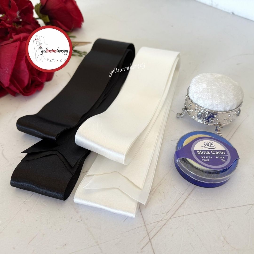 GelincimherşeyGelinDamatTakıMerasimiiçinSadeTakıKurdelesiİğneveİğneliksetSiyah-Krem2