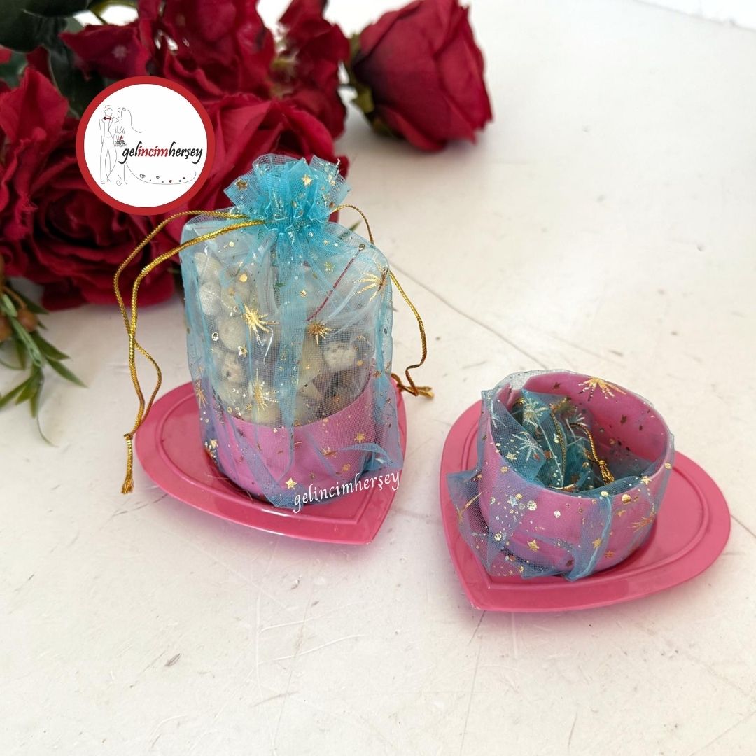 Gelincimherşey24’lüKalpliTabaktaYaldızlıKeseliHediyelikÇerezlikPembeTurkuaz