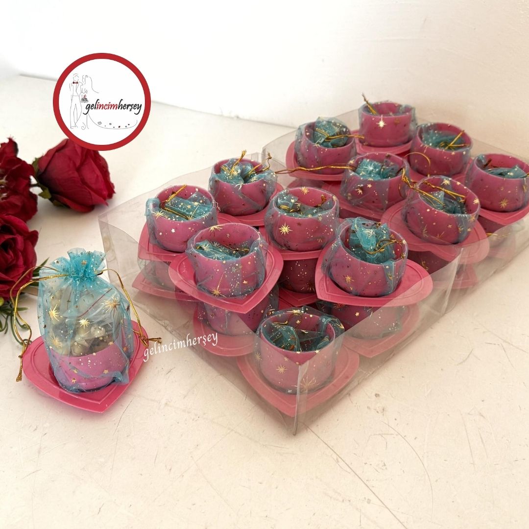 Gelincimherşey24’lüKalpliTabaktaYaldızlıKeseliHediyelikÇerezlikPembeTurkuaz2