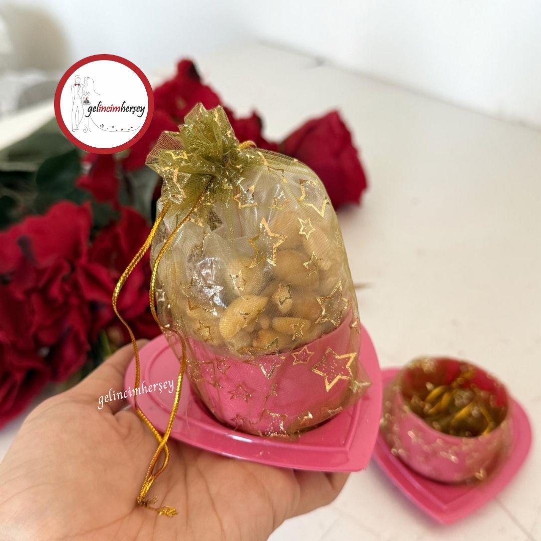 Gelincimherşey24’lüKalpliTabaktaYaldızlıKeseliHediyelikÇerezlikPembeYeşil
