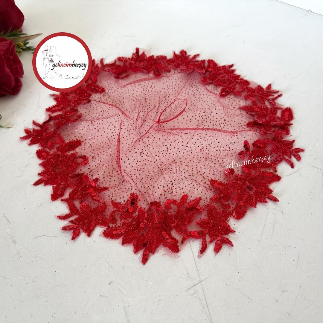 GelincimherşeyBoncukişliDantelliGelinHalayMendiliKırmızı