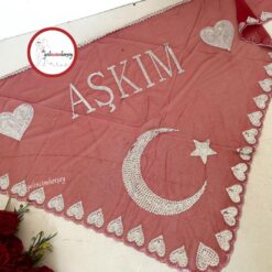 Gelincimherşey Ay Yıldızlı Kırmızı Yazılı Üçgen Şal