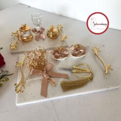 Gelincimherşey Kuru Çiçek Süslemeli 2'li Gerçek Mermer Nişan Tepsisi Seti
