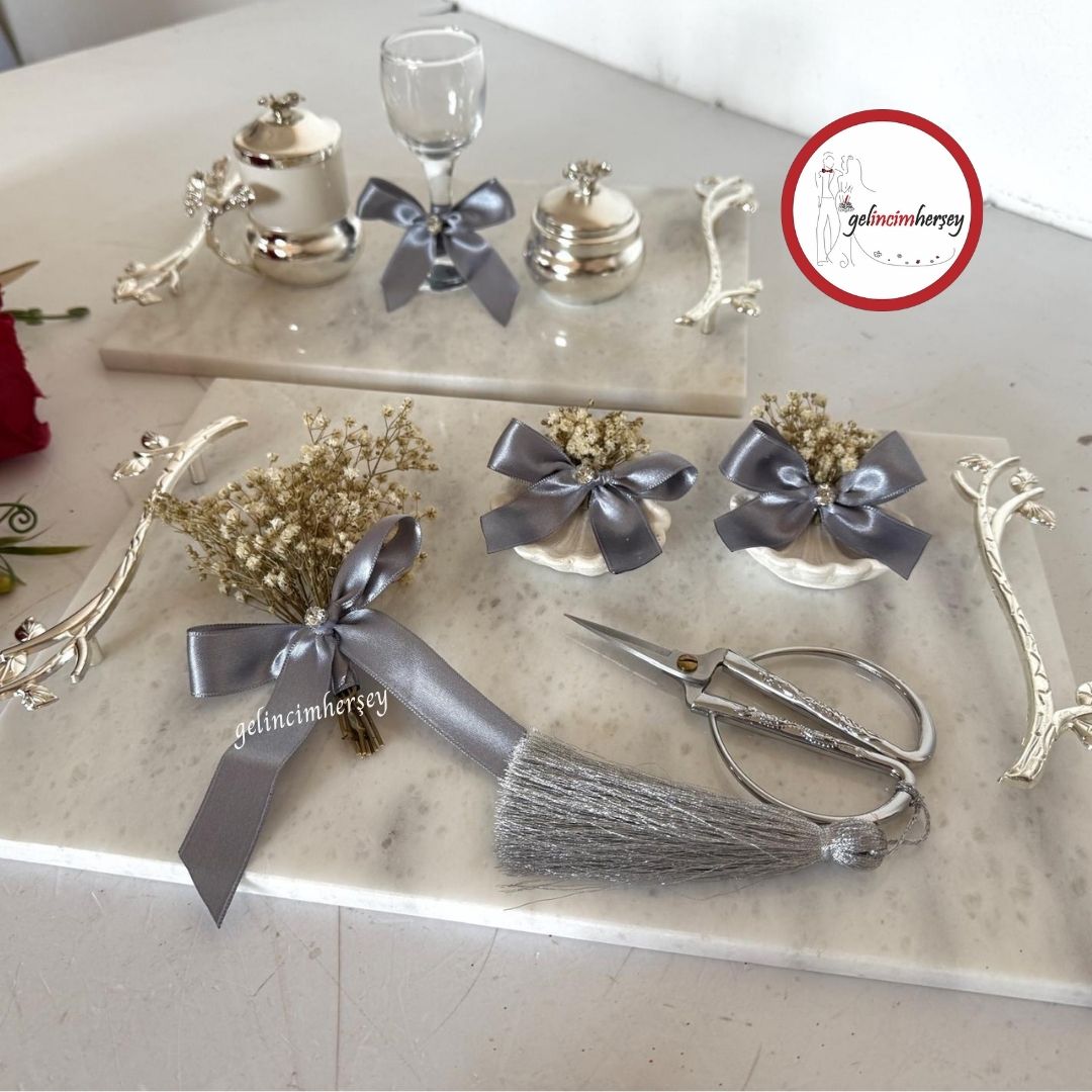 GelincimherşeyKuruÇiçekSüslemeli2'liMermerNişanTepsisiSetGümüş
