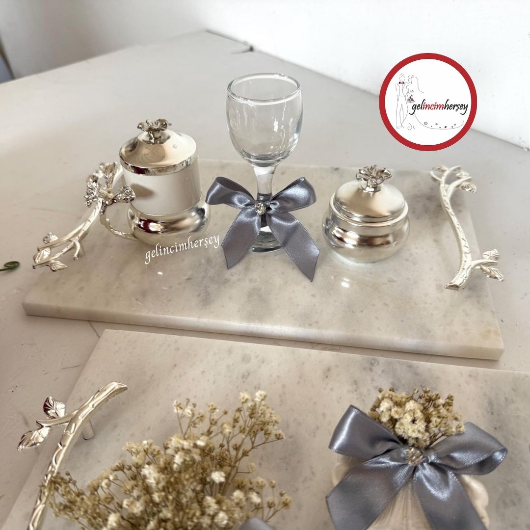 GelincimherşeyKuruÇiçekSüslemeli2'liMermerNişanTepsisiSetGümüş1