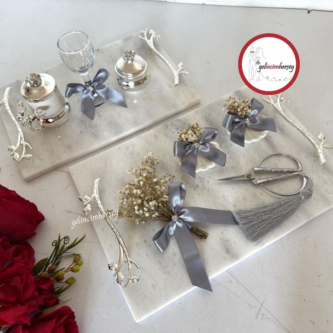 GelincimherşeyKuruÇiçekSüslemeli2'liMermerNişanTepsisiSetGümüş2