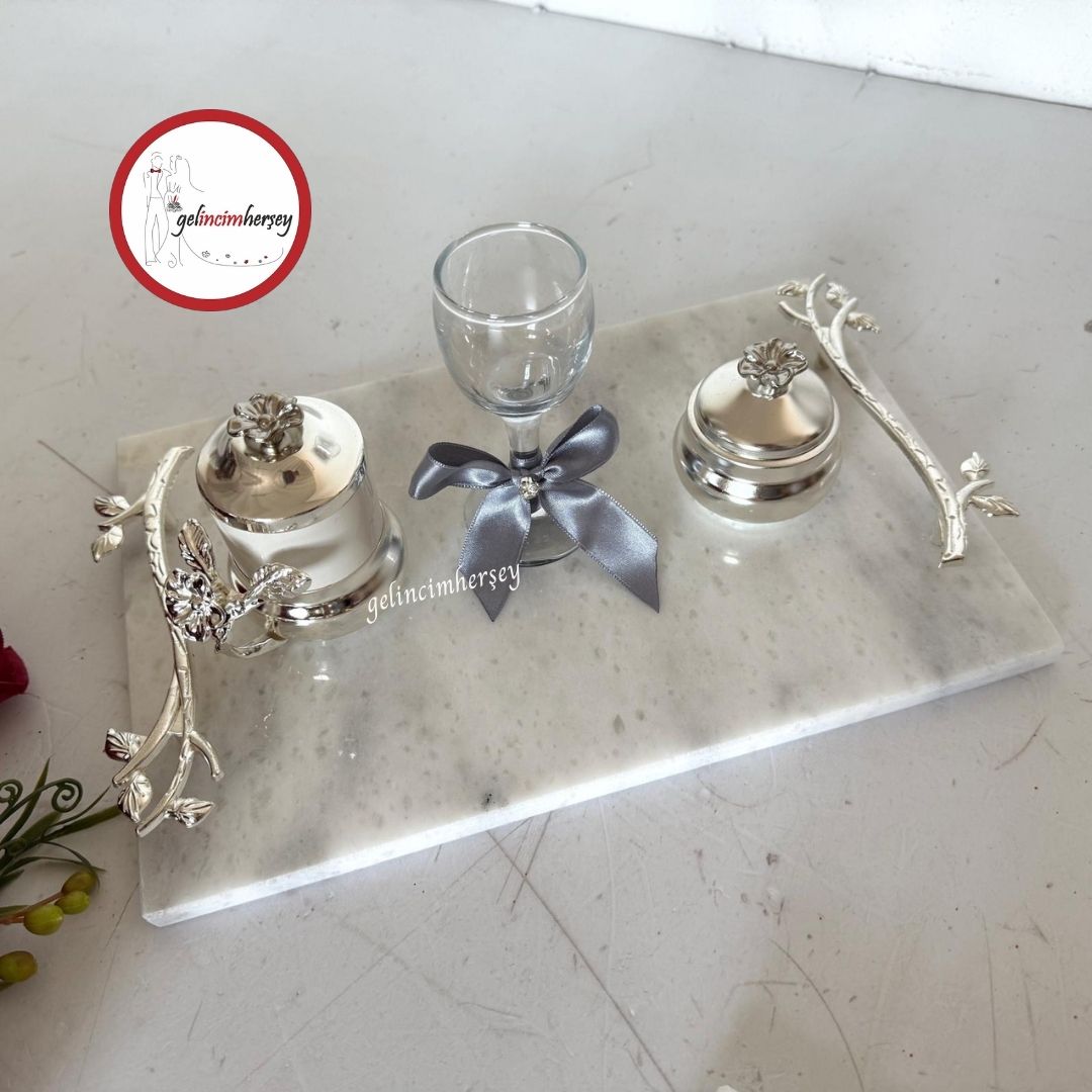 GelincimherşeyMermerKulpluDamatKahvesiTepsisiGümüş