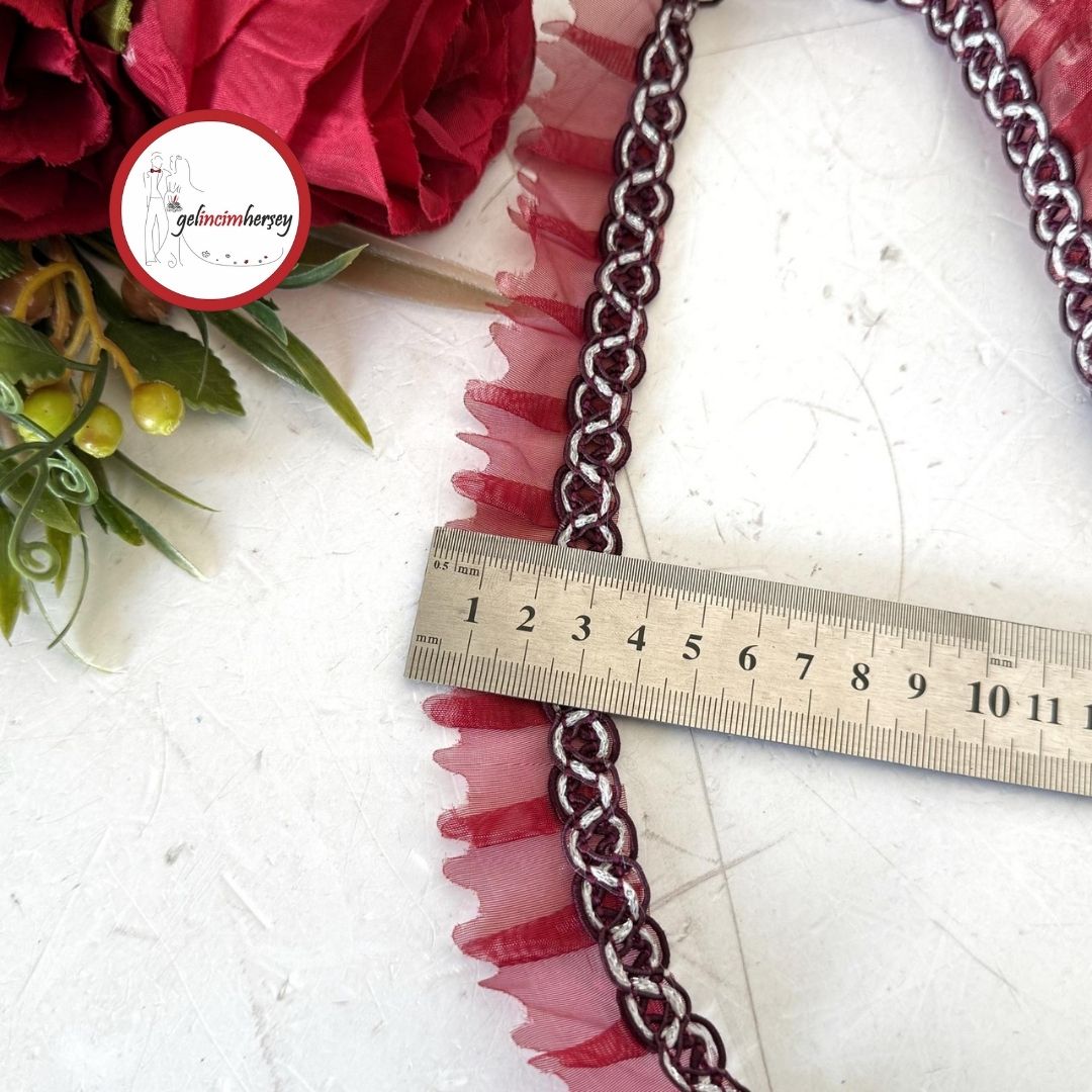 GelincimherşeyDekoratifŞeritTırtıklıFırfırBordoGümüş